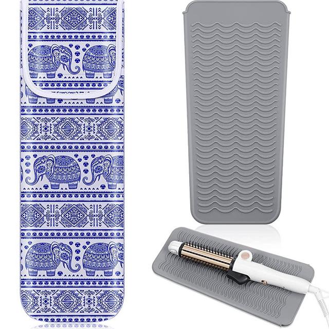 2 Pieces Flat Iron Case Holder Heat Resistant Curling Iron Neoprene Straightener Holder and Silicone Travel Mat for Hair Tools Curling Iron Organizer Bag or Daily Use (Elephant Style)