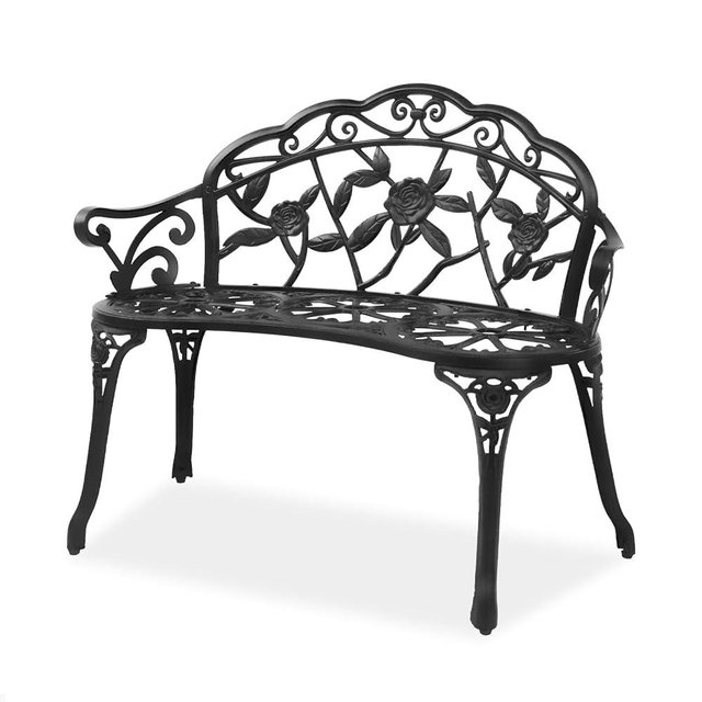 VINGLI 38.5" Patio Park Garden Outdoor Metal Rose Bench,Cast Iron Cast Aluminium Frame Antique Finish Chair,Accented Lawn Front Porch Path Yard Decor Deck Furniture for 2 Person Seat（Black