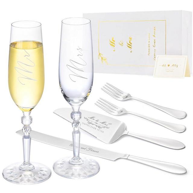 Wedding Cake Knife and Server Set with Forks, Classical Style Crystal Champagne Flutes Toasting Glasses for Bride and Groom, Wedding Gifts for Couples, Engagement and Bridal Shower Gifts