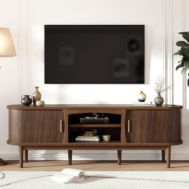 Decofy Mid Century TV Stand for TVs up to 80 Inches, Entertainment Center with Storage, Power Outlet, Fluted Sliding Doors & Adjustable Shelves, Modern Media TV Console Table for Living Room (Walnut)