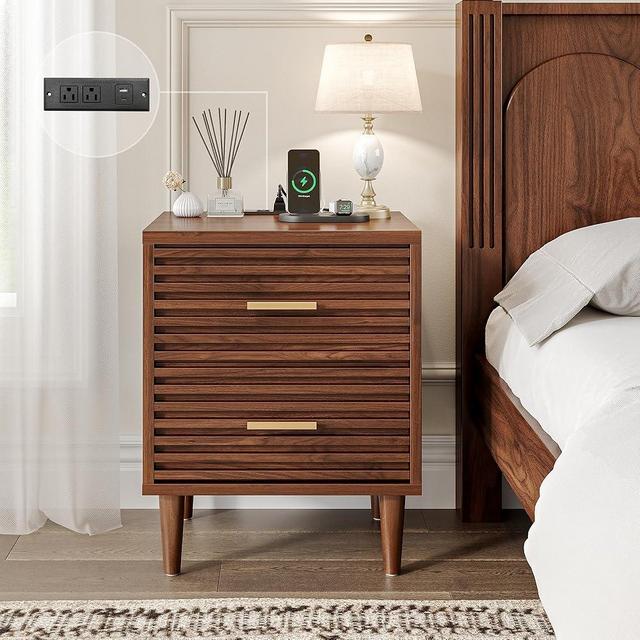 Whalefall Night Stands with Charging Station, Mid Century Modern Nightstand, Fluted Bedside Table with Drawer, End Table Bed Side Tables for Bedroom, Accent Tables with Wood Legs, Brown 1pc