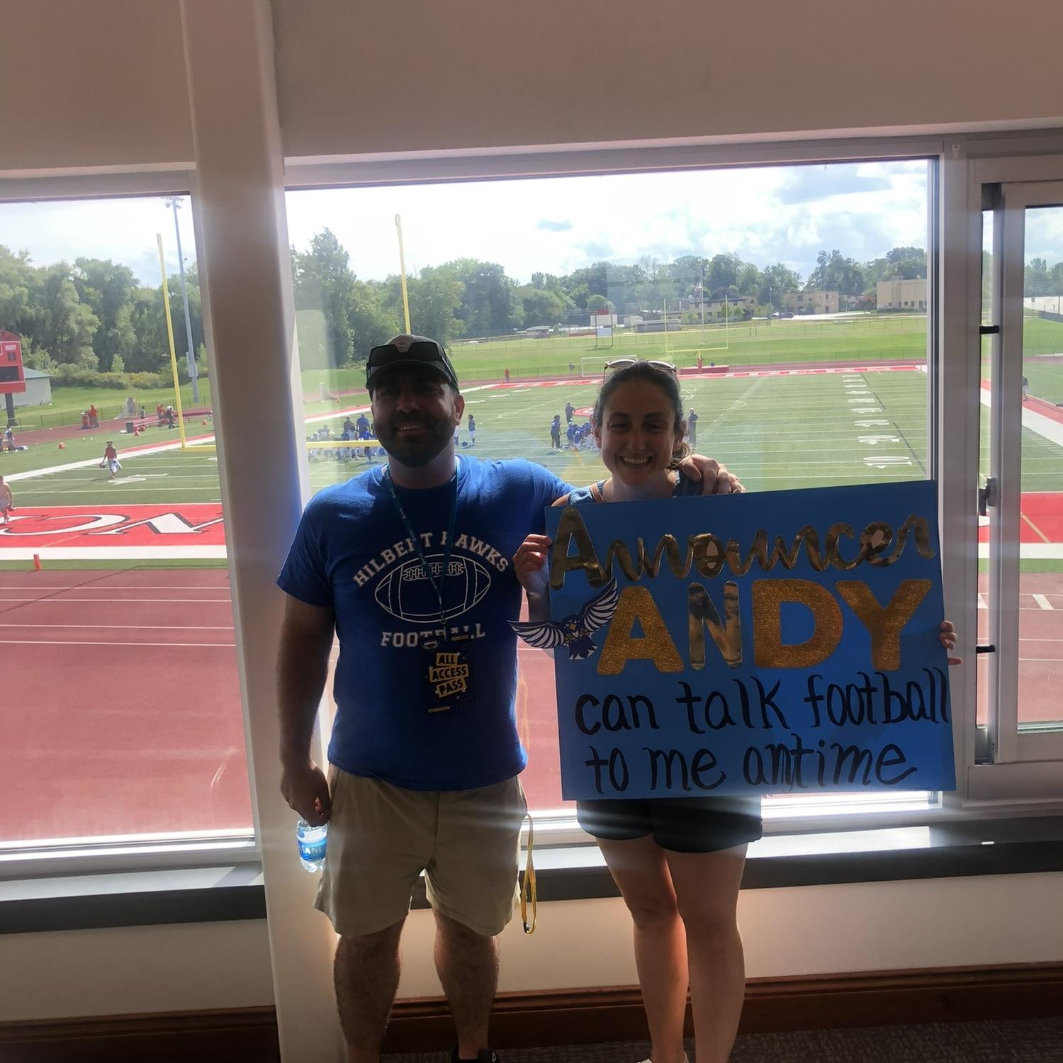 Inaugural Hilbert Football Game 2022 - Announcer Andy is born! Gabby cheering for Andy has become an annual tradition.