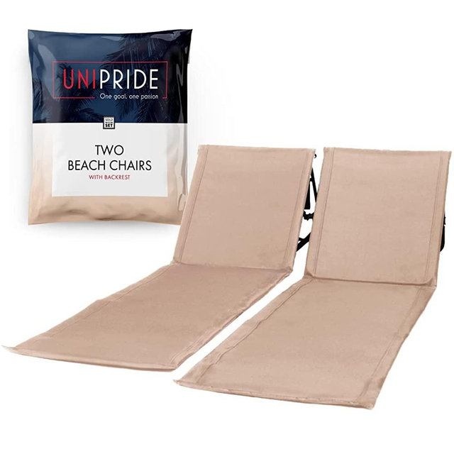 Beach Chairs for Adults with Back Support (Set of 2) Folding Lightweight Travel Essentials - Camping Chairs, Backpack Lounge Lawn Chairs for Outdoor Camping Gear and Sun Tanning - Beige