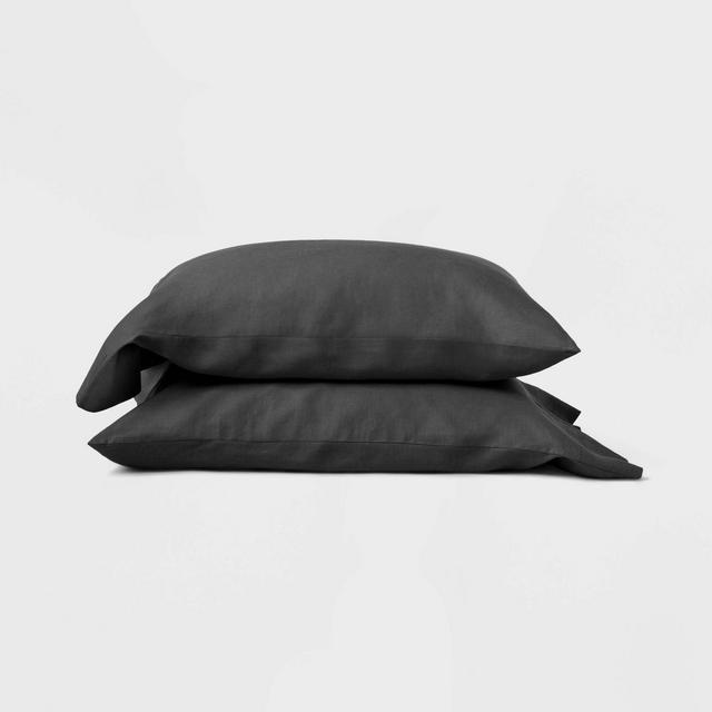 Standard 100% Washed Linen Solid Pillowcase Set Washed Black - Casaluna™