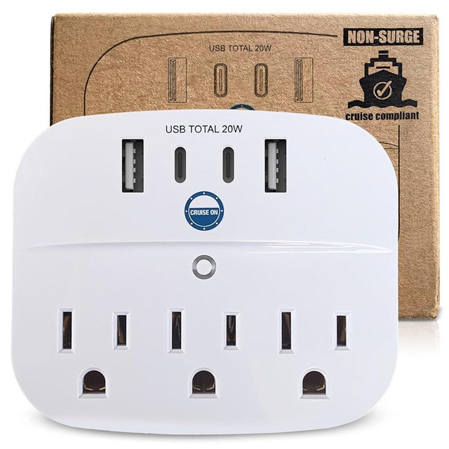 Cruise Approved Power Strip Non Surge with USB-C, USB & 3 Standard Outlet Plugs - Cruise Essentials for Carnival, Royal Caribbean & All Cruise Ships in 2023, 2024 & 2025
