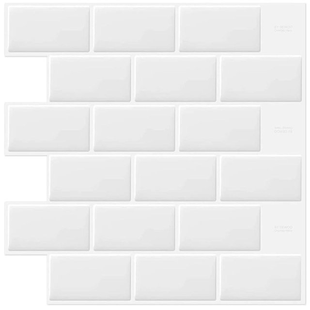 DEWOO White Peel and Stick Subway Tile Brick Backsplash Self Adhesive Wall Tiles for Kitchen Bathroom, 10-Sheet, 12"×12"