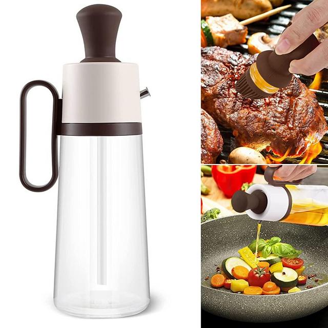 WOBILOO Glass Olive Oil Dispenser Bottle with Brush, 550 ml Leakproof& Measuring Condiment Container, Brush and pour oil 2 in 1 design, for Grilling Frying Baking Vinegar Turkey Pastry(Dark Brown)