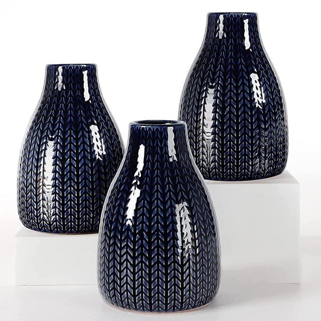 Navy Blue Decor Ceramic Vase Set, Decorative Farmhouse Vase for Living Room, Dinning Room, Shelf, Kitchen Island, Mantel, Bathroom, Covered Patio-Textured Fragrant Wheat Pattern