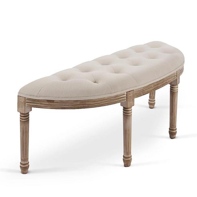 VONLUCE Half Moon French Vintage Bench with Padded Seat & Rubberwood Legs, 49" Memory Foam Upholstered Entryway Bench & Dining Bench, Tufted Fabric End of Bed Bench for Bedroom Living Room Hallway