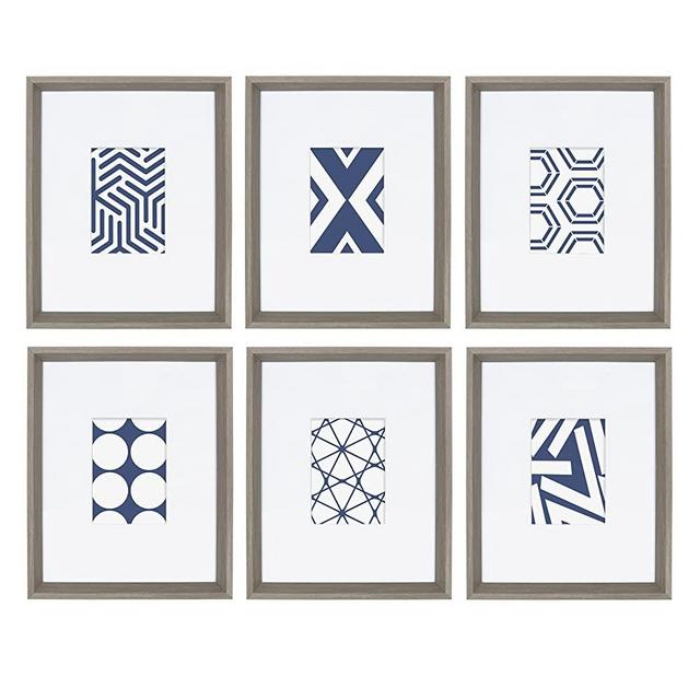 Kate and Laurel Calter 6 Framed Modern Blue and White Geometric Abstract Art Prints, Gray