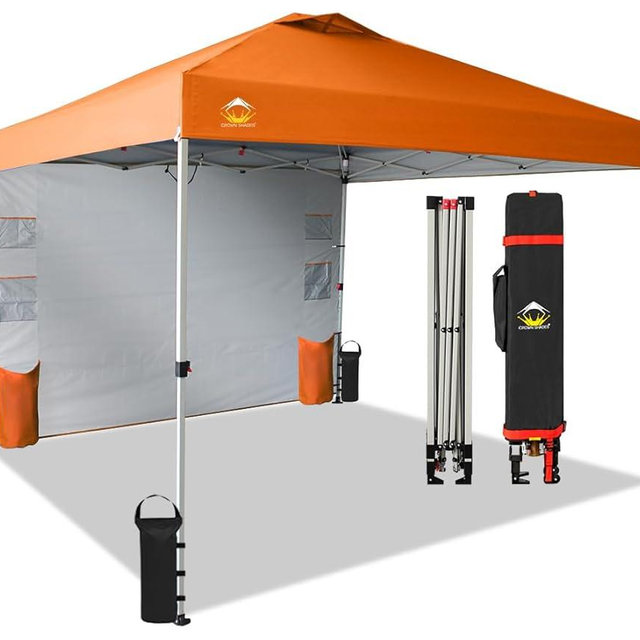 CROWN SHADES Canopy Tent 10x10 Pop Up Canopy Outdoor Shade with Pockets Sidewall, Easy Up Sun Shelter with One Person Set Up Center Lock, Portable Instant Camping Beach Canopy Tents, Orange