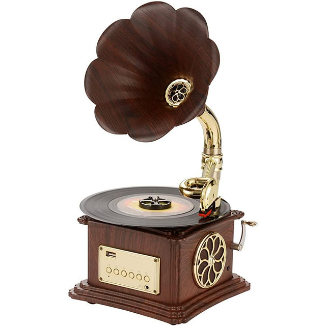 Mini Vintage Retro Phonograph Gramophone Vinyl Record Player Stereo Speakers 3.5mm Audio Blue Tooth 4.2/ Aux-in/Aux-Out/USB Input/FM …