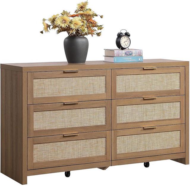 SICOTAS Rattan Dresser for Bedroom, 56.9" Wide 6 Drawer Dresser with Ample Storage, Wooden Dressers Large Chest of Drawers, Closet, Boho TV Stand for Bedroom (Reclaimed Caramel Oak, 1 Piece)