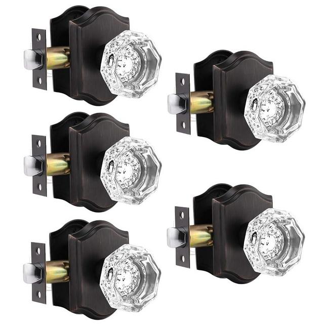 Gobrico 5 Pack Clear Crystal Glass Hall Closet Door Knobs Keyless Passage Door Handles Non-Locking Octagonal Diamond Crystal Door knob Oil Rubbed Bronze Heavy Duty