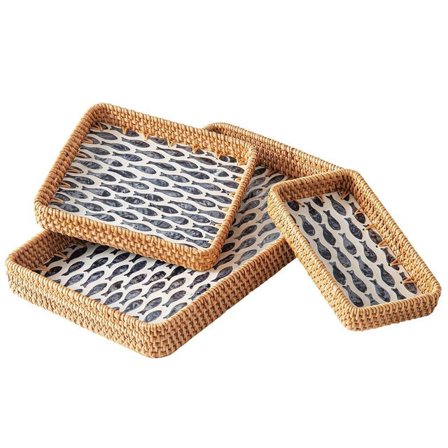 Set of 3 Rectangle Rattan Trays for Decor, Coastal Wicker Serving Tray, Hand-Woven from Natural Rattan with Mother of Pearl Inlay, Boho Woven Decorative Trays for Bathroom Kitchen Counter, Entryway