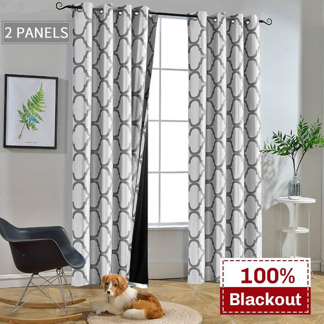 Melodieux Moroccan 100% Blackout Curtains for Bedroom 96 Inches Long, Living Room Thermal Insulated Black Liner Grommet Drapes, 52 by 96 Inch, Off White/Grey (2 Panels)