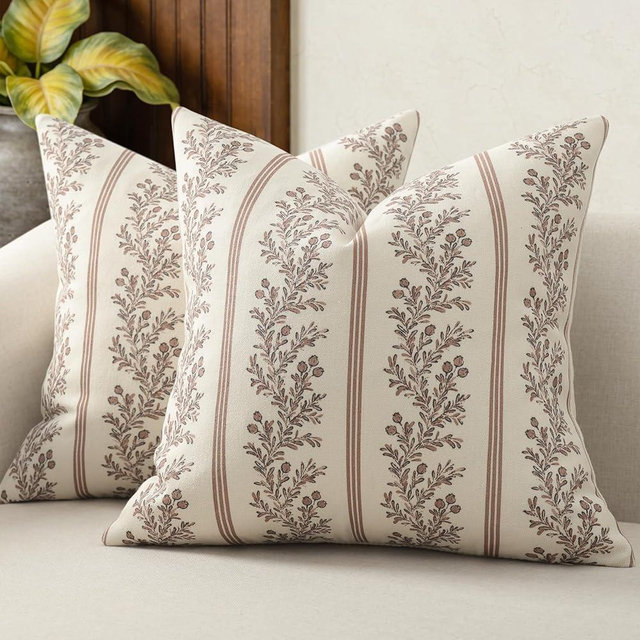 DKwizme Vintage Throw Pillow Covers 18x18 Set of 2, Striped Floral Pillow Cover Botanical Patterned Decorative Cushion Covers Modern Farmhouse Home Decor for Sofa Couch Bed Living Room, Almond