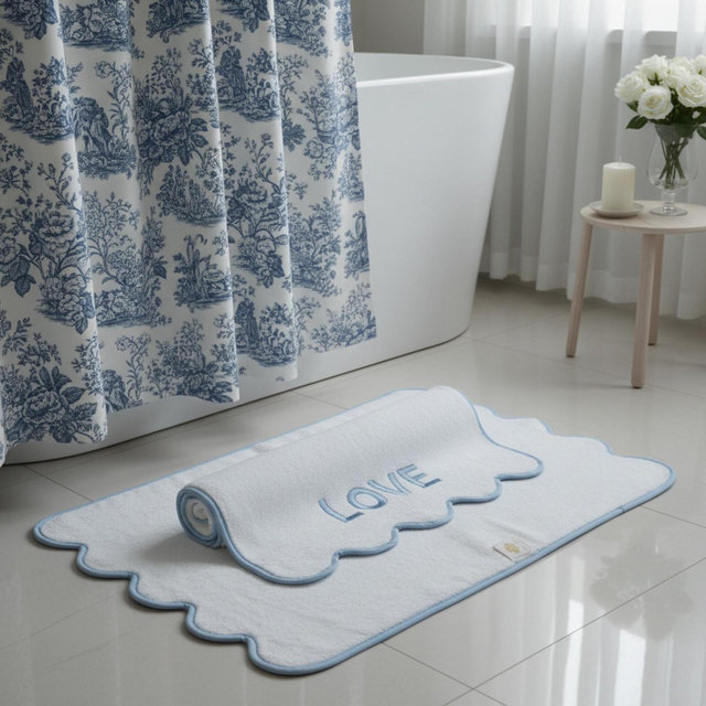 Lotus Linen Luxury Scallop Piping Bath Towel Sets Dispenza Blue Bath Mat