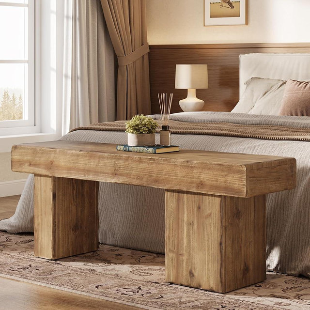 TRIBEWOOD Thickened Solid Wood Bench, 47" Rustic Farmhouse Entryway Bench with Artistic Legs, Heavy Duty Dining Bench for Kitchen, Living Room, Hallway, End of Bed, Natural Wood