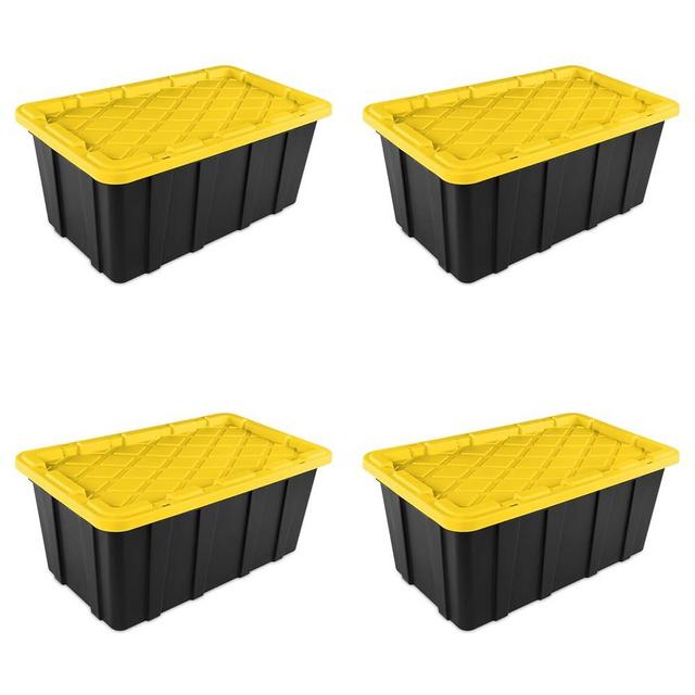 Sterilite 38 Gal Industrial Tote, Stackable Storage Bin with Snap-Fit Lid for Garage, Basement & Attic Storage, Black Base and Yellow Lily Lid, 4-Pack