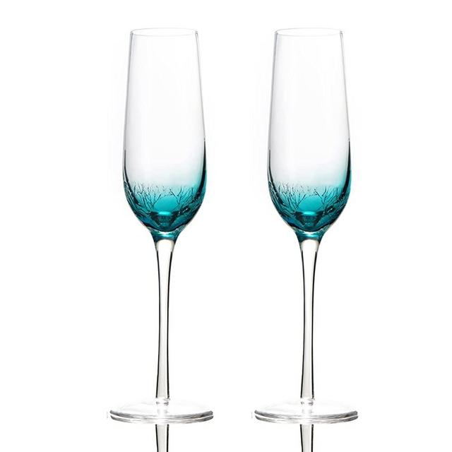 Champagne Flutes set of 2, Blue Crackle Champagne Glasses, Hand Blown Glassware with Stem for Wedding, Anniversary, Christmas, Gifts for Bride, Groom, Couples, Friends, 7oz, CUKBLESS