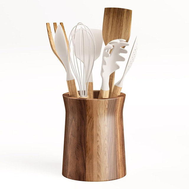 WDT Tool 7.2" Utensil Holder for Kitchen Counter Large Round Utensils Holder with Wooden Base Matte Black Cooking Utensil Holder，Kitchen Countertop Utensil Organizer (Wooden)