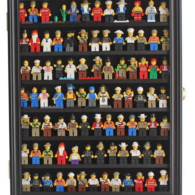 DisplayGifts Building Block Toy Minifigures Display Case Wall Cabinet Solid Wood w/Glass Door Lockable (Black Finish)
