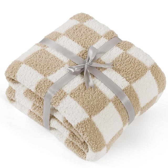 Bedsure Super Soft Knit Throw Blanket - Warm Cozy Reversible Checkerboard Brwon Blanket, Fluffy Fuzzy Plush Lightweight Print Blanket for Couch Sofa Bed (50" x 60")