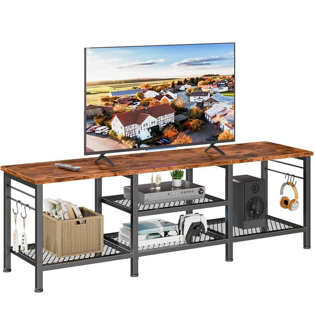 Furologee TV Stand for TVs up to 65 Inch, Entertainment Center with Open Storage Shelves, 55 Inch Television Stands with Soundbar Shelf for Living Room, Bedroom, Rustic Brown
