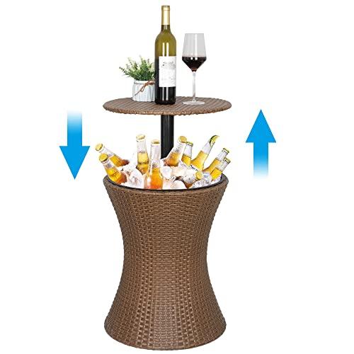 ZENSTYLE Height Adjustable Cool Bar Rattan Style Outdoor Patio Table Designed Cooler All-Weather Wicker Bar Table with Ice Bucket for Party, Pool, Deck, Backyard (Brown)