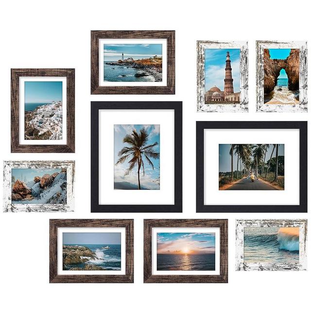 Vittanly 10 Pack Picture Frames Collage Wall Decor, Gallery Wall Frame Set for Wall or Tabletop Display, Multi Sizes with Two 8x10, Four 5x7, and Four 4x6 Photo Frames, Black&Brown&Distressed White