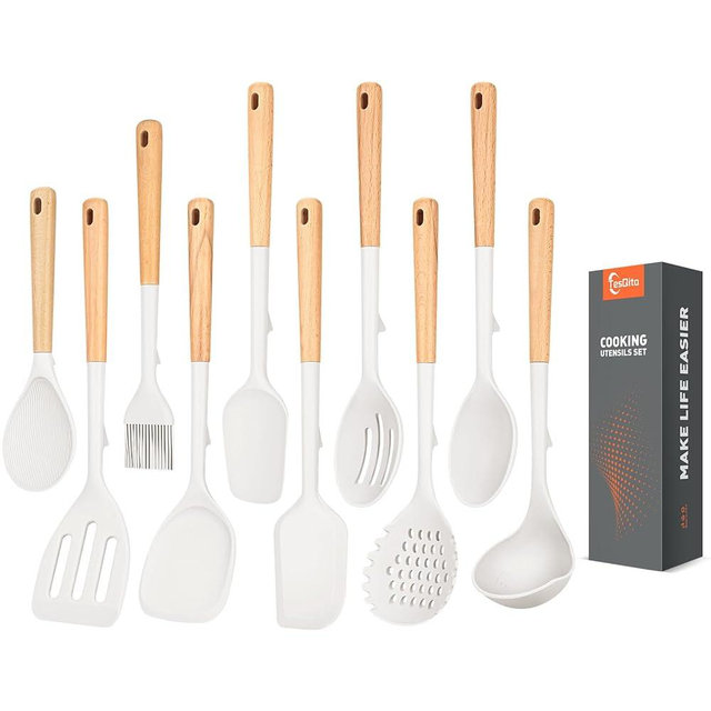Silicone Cooking Utensils Set of 10 with Wooden Handle,No Scratch for Nonstick Cookware,Slotted Spoon&Spatula,Solid Spoon&Spatula,Large Measuring Ladle,Brush,Rice Paddle,Baking Turner&Flipper (White)