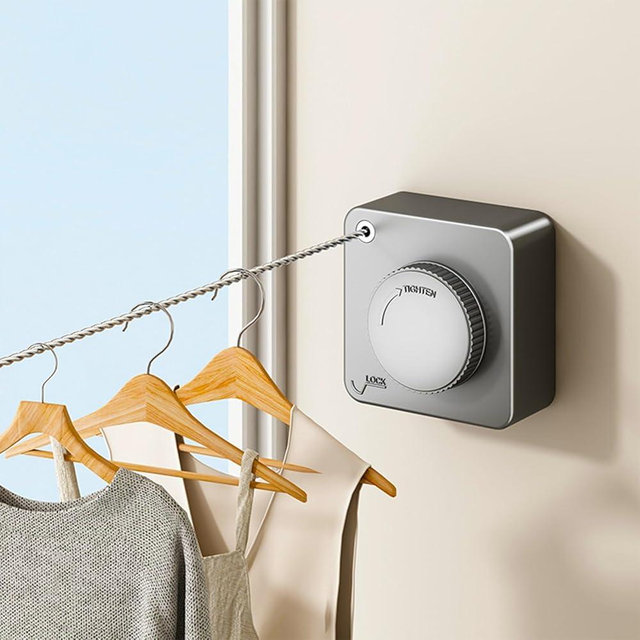 UpChoNice Retractable Clothesline Indoor & Outdoor, 16.2 Ft Non-Sagging Stainless Steel Laundry Washing Line with Wall Mounted Heavy Duty Design, Space-Saving Clothing Drying Rack (1, Gray)