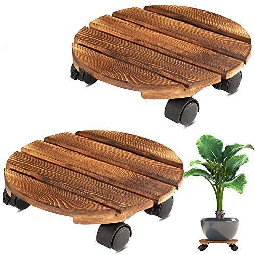 Yangbaga 2pack Plant Caddy 11.8’’Wood Duty Round Plant Roller with 2 360° Lockable Caster Wheels,Indoor Outdoor on Roller Patio/Flower Pot/Succulent Pots