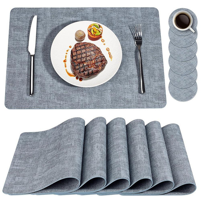 Faux Leather Placemats Set of 6, NCUE 100% Waterproof and Heat Resistant Table Mats, Washable Kitchen Place Mats, Reversible Table Decorative Accessories for Indoor and Outdoor (Light Blue, Set of 6)