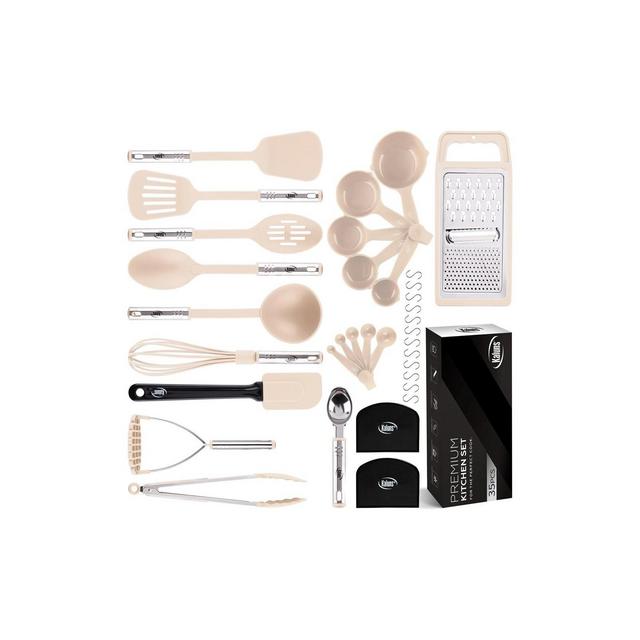 Kaluns Kitchen Utensils Set, 35 Piece Nylon and Stainless Steel Cooking Utensils, Dishwasher Safe and Heat Resistant Kitchen Tools, Khaki