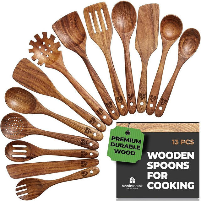 Wooden Spoons for Cooking – 13 Pcs Premium Teak Wooden Utensil Set - Durable, Safe for Nonstick Cookware, Easy to Clean & Heat Resistant Kitchen Utensils Set Wood with Ergonomic Handles
