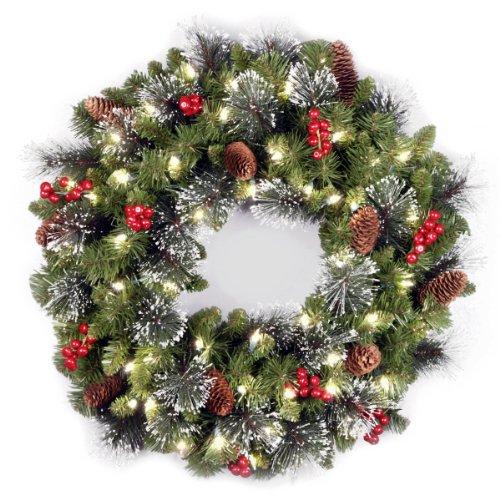 National Tree 24 Inch Crestwood Spruce Wreath with Silver Bristles, Cones, Red Berries and 50 Clear Lights (CW7-306-24W-1)