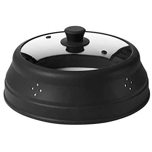 Vented Collapsible Silicone and Glass Microwave Plate Cover | Large 12-inch Splatter Guard Lid | 100% Food Grade | Dishwasher Safe (Black)
