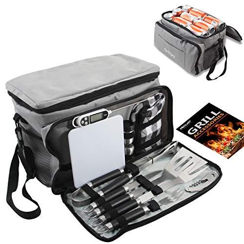 grilljoy BBQ Grill Tools Set with Grey Insulated Cooler Bag - All-in-one Barbecue Picnic Cooler Bag - 12pcs Stainless Steel Camping Utensil Kit - Perfect Grilling Accessories Set Gift