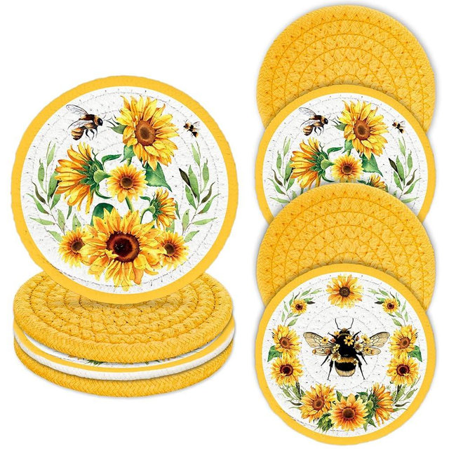 Whaline 4Pcs Sunflower Bee Coaster Floral Handmade Braided Drink Coasters Farmhouse Vintage Yellow Flower Absorbent Round Tabletop Protection for Spring Summer Birthday Housewarming Gifts Home Decor