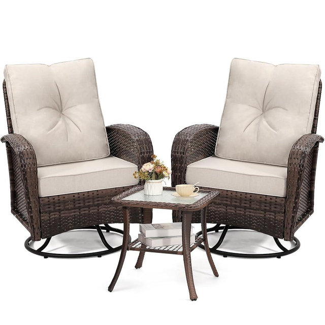 wildformers 2 Luxury Outdoor Swivel Wicker Glider Patio Chairs with Table Set, Overstuffed Washable Cushions, Ideal for Porch, Balcony, Deck, Brown Rattan and Beige Cushions