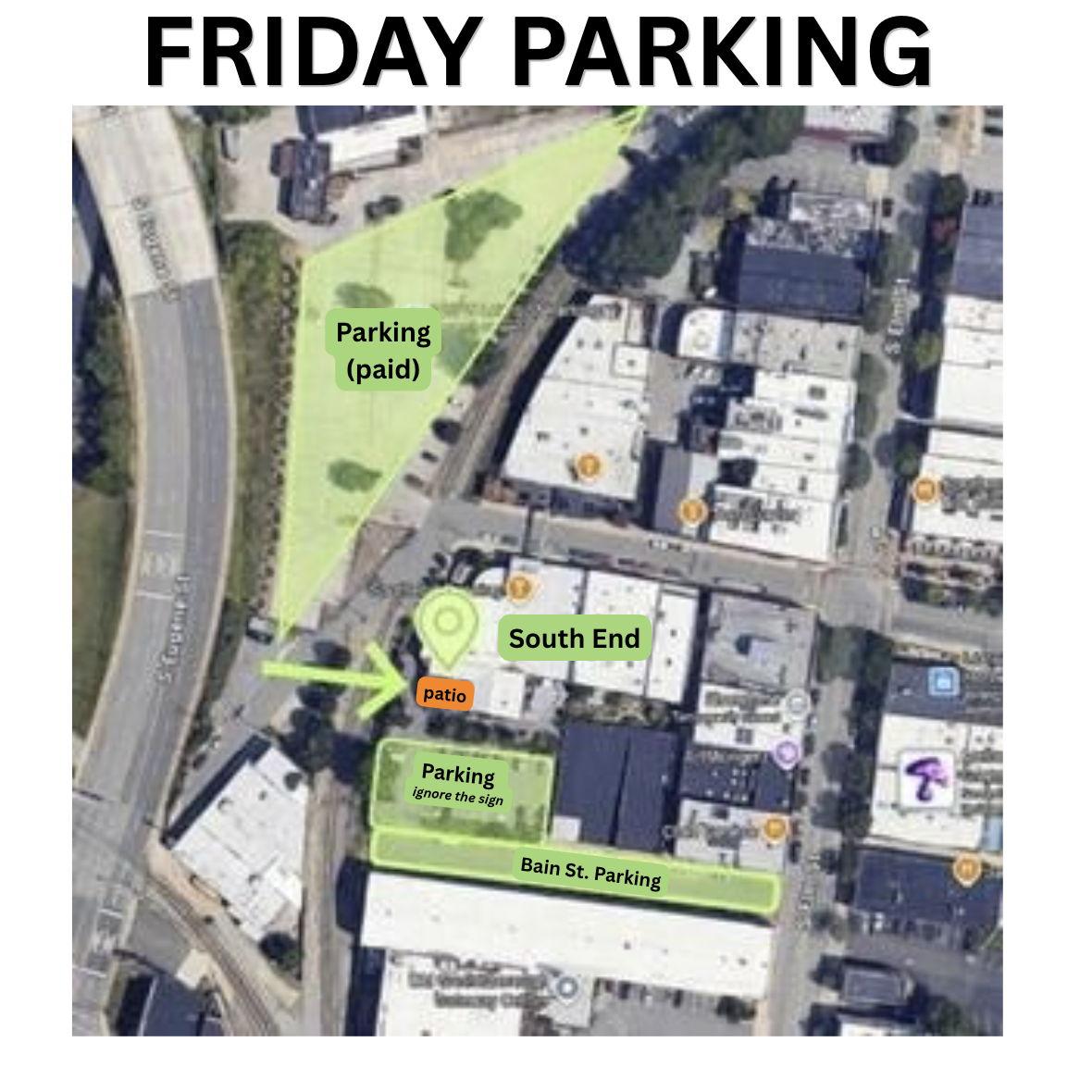 Parking at SouthEnd Brewing. Paid lot at the end of Lewis St. (triangle) Free parking on Bain, and the parking lot nearest the brewery garden.
