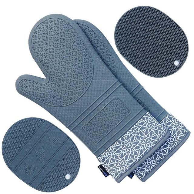 BLUSLVER Extra Long 14.7” Silicone Oven Mitts and Pot Holders (Set of 4) - Non-Slip,Waterproof, Heat-Resistant Up to 500 F, Double Layered Gloves and Hot Pads for Baking, Cooking, BBQ Grilling