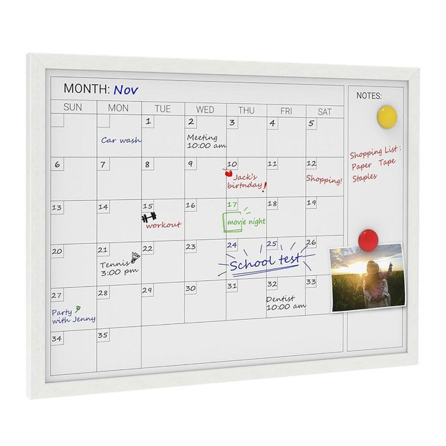 Comix Dry Erase Calendar Whiteboard for Wall,Magnetic Dry Erase White Board with White Wood Frame, 24 * 18 inches Decorative Planner Board for Office, Kitchen, School, Home