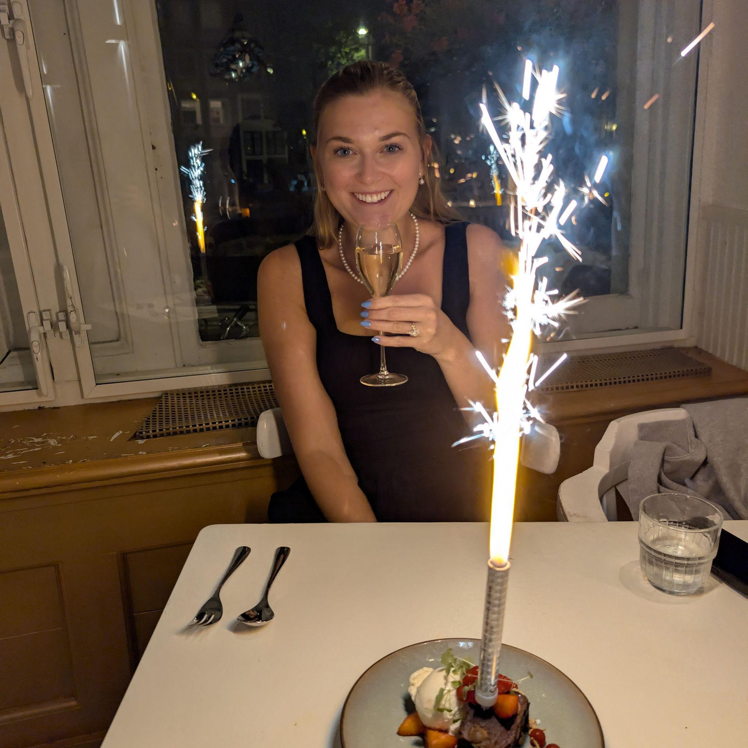 Champagne and a sparkling dessert to celebrate our engagement