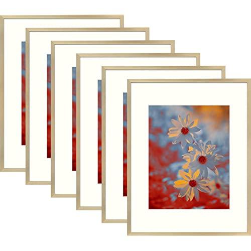 Golden State Art Picture Frame - Gold Aluminum (Shiny Brushed) - Fit Photo with Ivory Mat or Without Mat - Metal Frame Wall Mounting - Real Glass (11x14, Gold, 6-Pack)