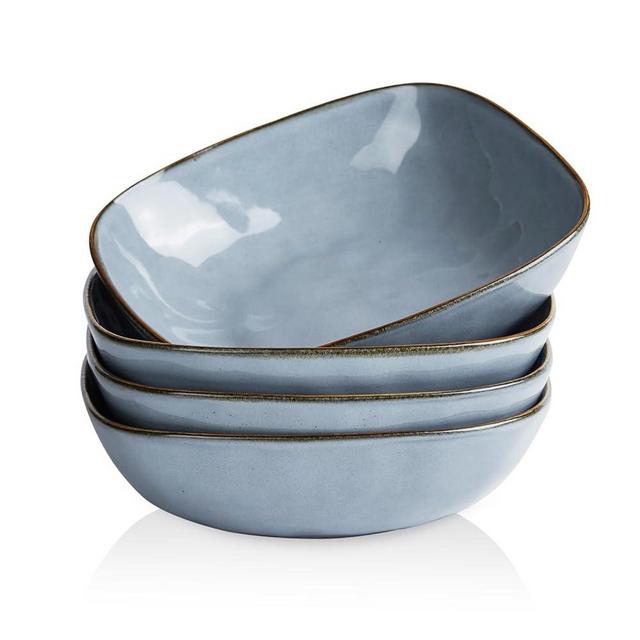 famiware Large Pasta Bowls Set of 4, Ocean Square Bowls, Pasta Serving Bowl Large Dinner Bowls, Kitchen Bowl Set, Microwave and Dishwasher Safe, Scratch Resistant, Blue