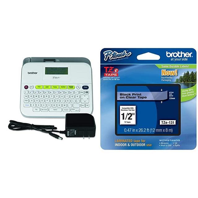 Brother P-Touch Label Maker, AC Adapter, QWERTY Keyboard, White & Genuine P-Touch TZE-131 Tape, 1/2‘ (0.47‘) Standard Laminated P-Touch Tape, Black on Clear, 26.2 Feet (8M), Single-Pack