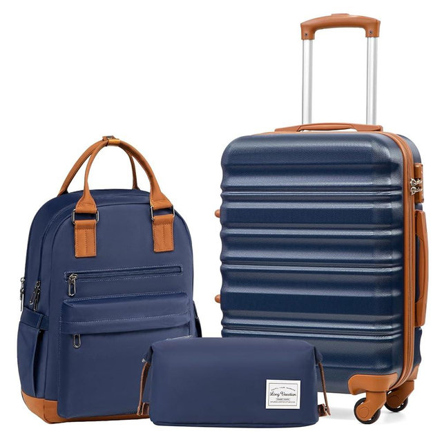 LONG VACATION Luggage Sets 20 IN Carry on Suitcase ABS Handshell Luggage 3 Piece Set with TSA Lock Spinner Wheels (20 INCH (BP/TB), NAVY)